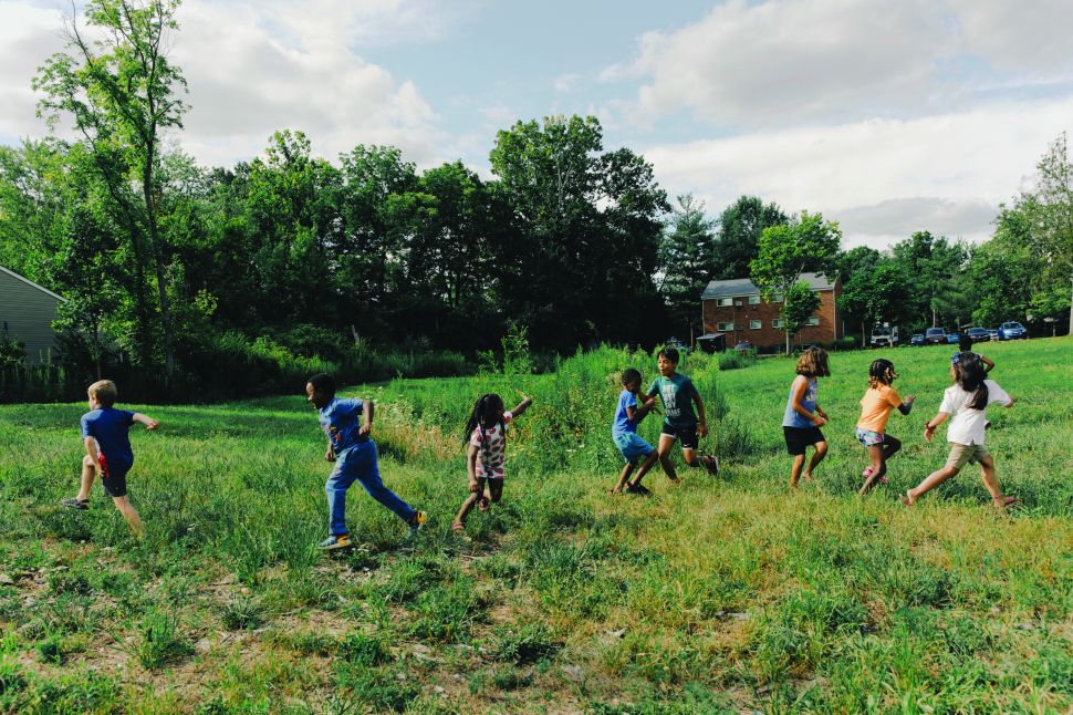 A wide outdoor photograph shows a group of children running through a grassy field bordered by trees, parked cars and a wooden building.