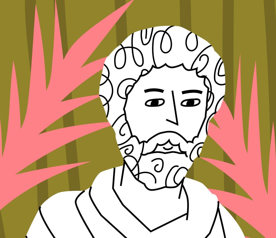 Graphic design image of studious looking man surrounded by pink leaves