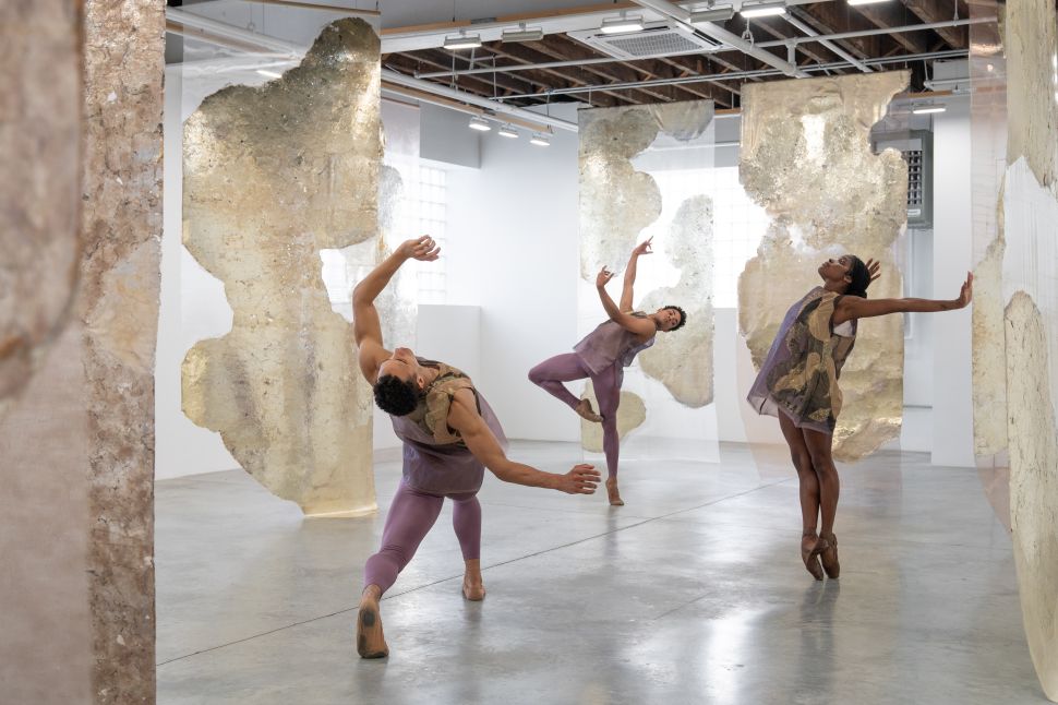 A performance of Echoes on the Wall shows three dancers in purple costumes moving through Rosalind Tallmadge’s sculptural installation of translucent panels in a white-walled gallery space.