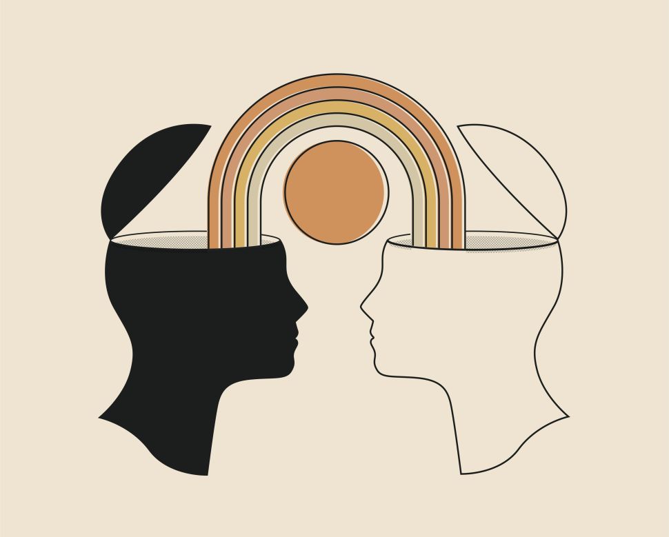 A graphic image of two profiles facing each other, connected by a neutral-toned rainbow.
