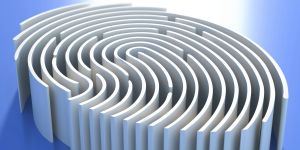 An illustration of a white raised fingerprint that doubles as a maze