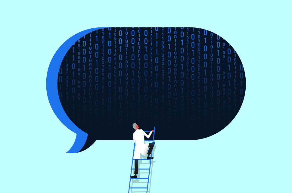 An illustration of a man in a lab coat climbing a ladder to evaulate a large speech bubble filled with binary code 