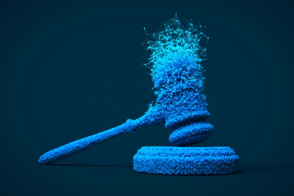 A digitally rendered gavel with particles dissolving off the top