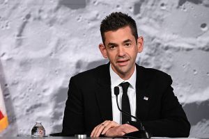 NASA administrator Jared Isaacman speaks during a status briefing of the Artemis II crewed lunar mission at Johnson Space Center in Houston, Texas, on April 7, 2026.