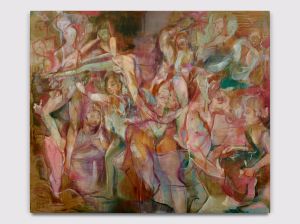 A large horizontal painting by Konstantina Krikzoni presents a dense arrangement of intertwined figures in pink, red, green and brown tones.