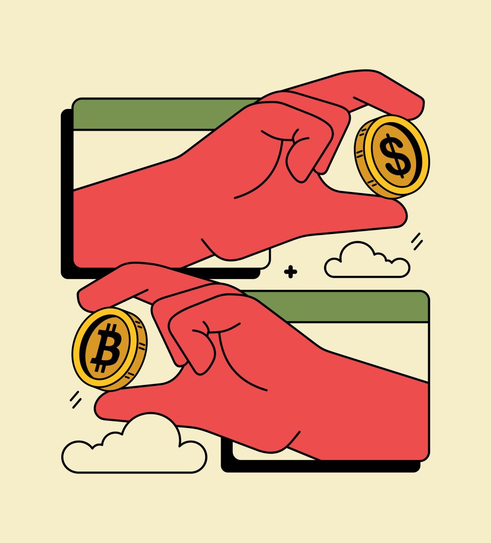 Hands converting standard currency into cryptocurrency