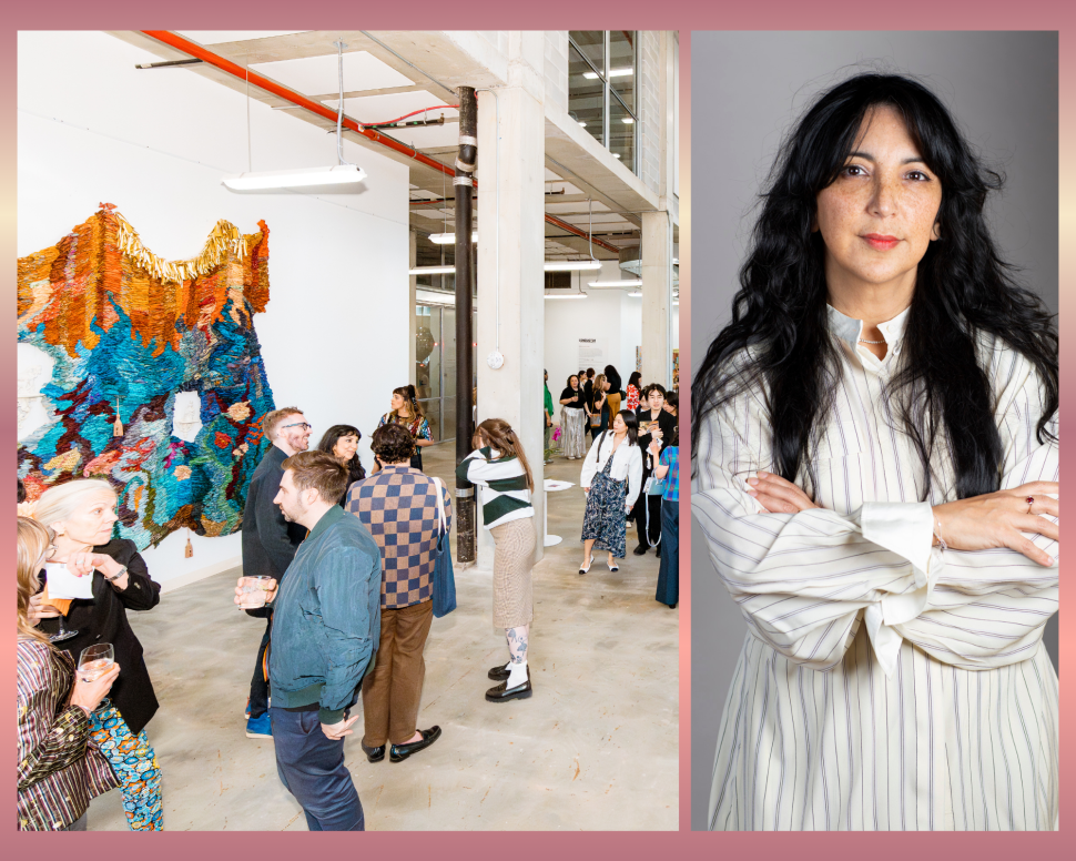 A split layout pairing a crowded gallery opening—visitors mingling around a large, colorful textile-like installation in an industrial space—with the same portrait of the woman on the right.