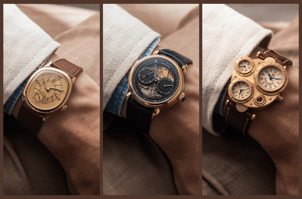 A three-grid collage of photos of wristwatches worn on a model wearing a striped dress shirt