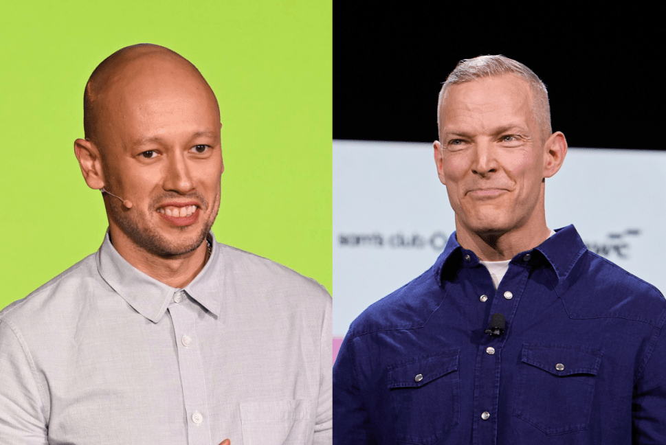 Two side by side images of men in button ups standing on stage